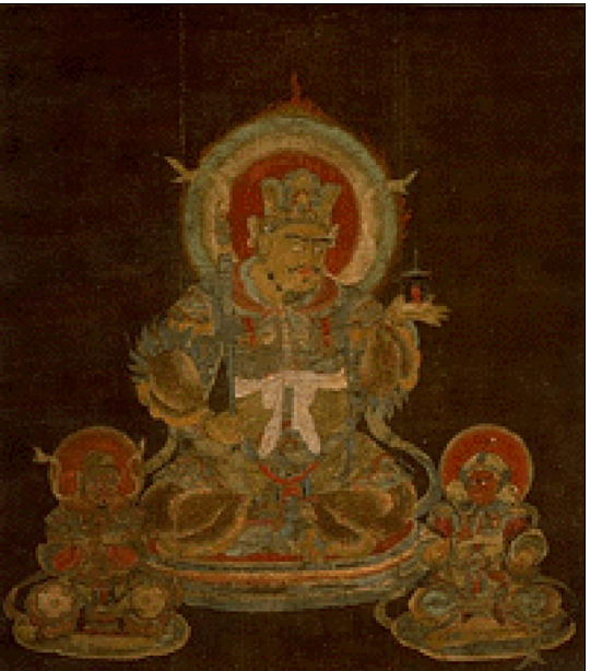 Bishamon (North; Kubera, Vaisravana). He is said to live halfway down the north side of Mount Sumeru- he is accompanied by the Yasha (Yaksha) and the Rasetsu (Raksasa)