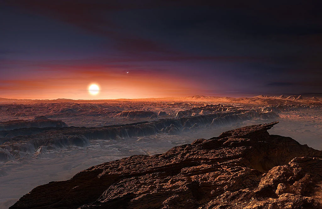 An artist’s impression of a view of the surface of the planet Proxima b orbiting the red dwarf star Proxima Centauri, the closest star to the Solar System. (M. KORNMESSER/AFP/Getty Images)