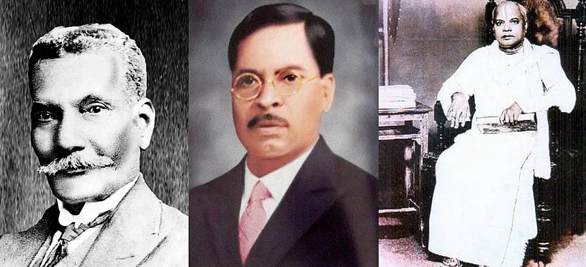 (Left to Right): Rettai Malai Sreenivasan (1860-1945), Rao Bahadur M C Raja (1883-1943), Swami Sahajananda (1879-1959) – all the three great social reformers of Tamil Nadu from the Parayar community strongly defended the Hindu nature of the community and pointed to their glorious cultural and spiritual contribution to Hindu <i>dharma</i>.