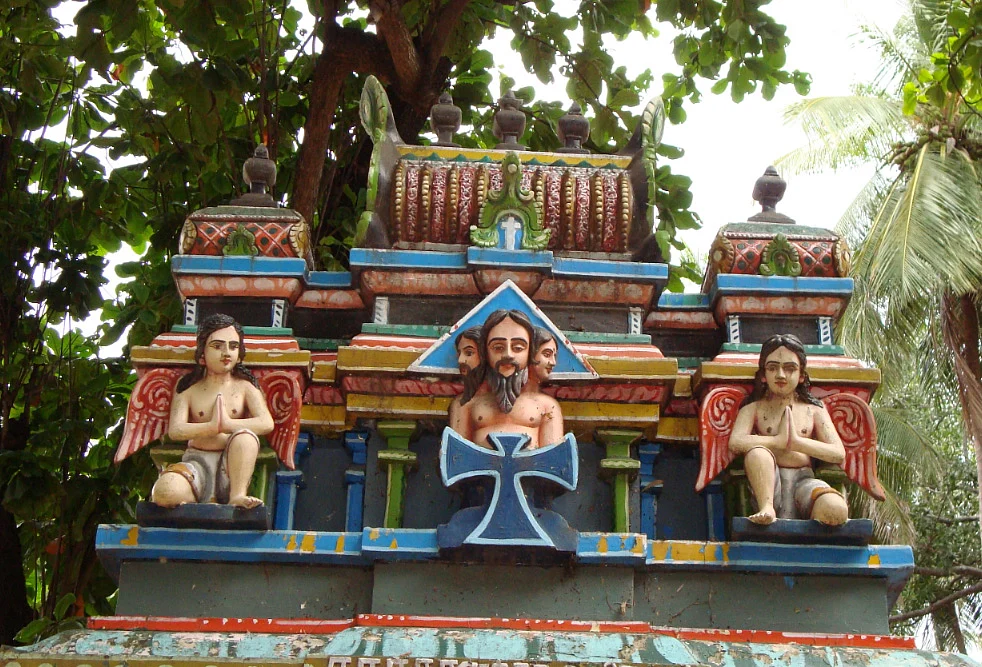 Three headed Jesus at the entrance of Catholic Monastery at Shantivanam