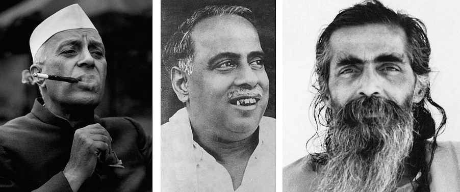 (Left to right): ‘Pandit’ Jawaharlal Nehru, ‘Arignar’ C N Annadurai and ‘Guruji’ M S Golwalkar: Defying the stereotypes of the narrative.