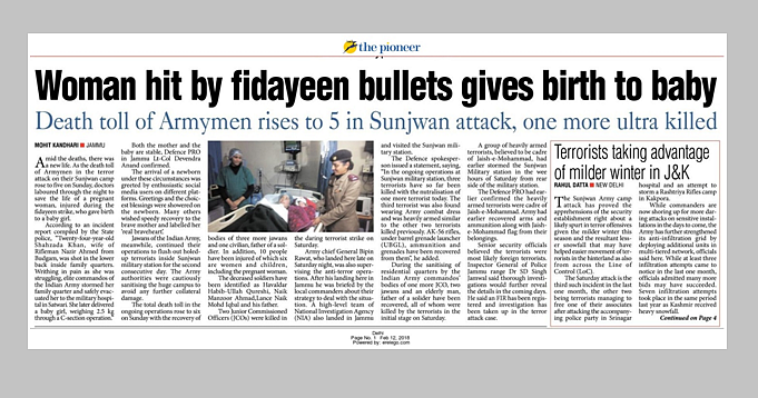 The <i>Pioneer</i>’s Delhi edition (12 February 2018). While the rest of the newspaper’s editions used ‘terrorists’, Delhi and Dehradun editions used ‘ultras’.