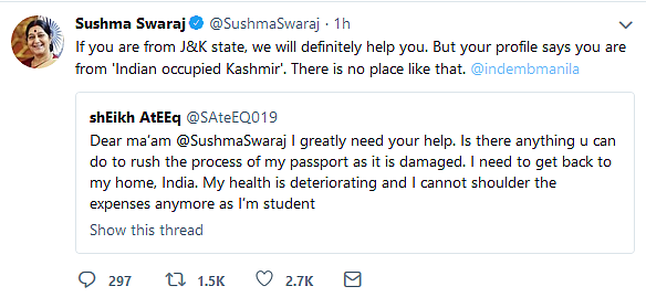 J&K Student With ‘Indian Occupied Kashmir’ In Bio Tweets To Swaraj For Help, ‘No Place Like That’ She Tells Him