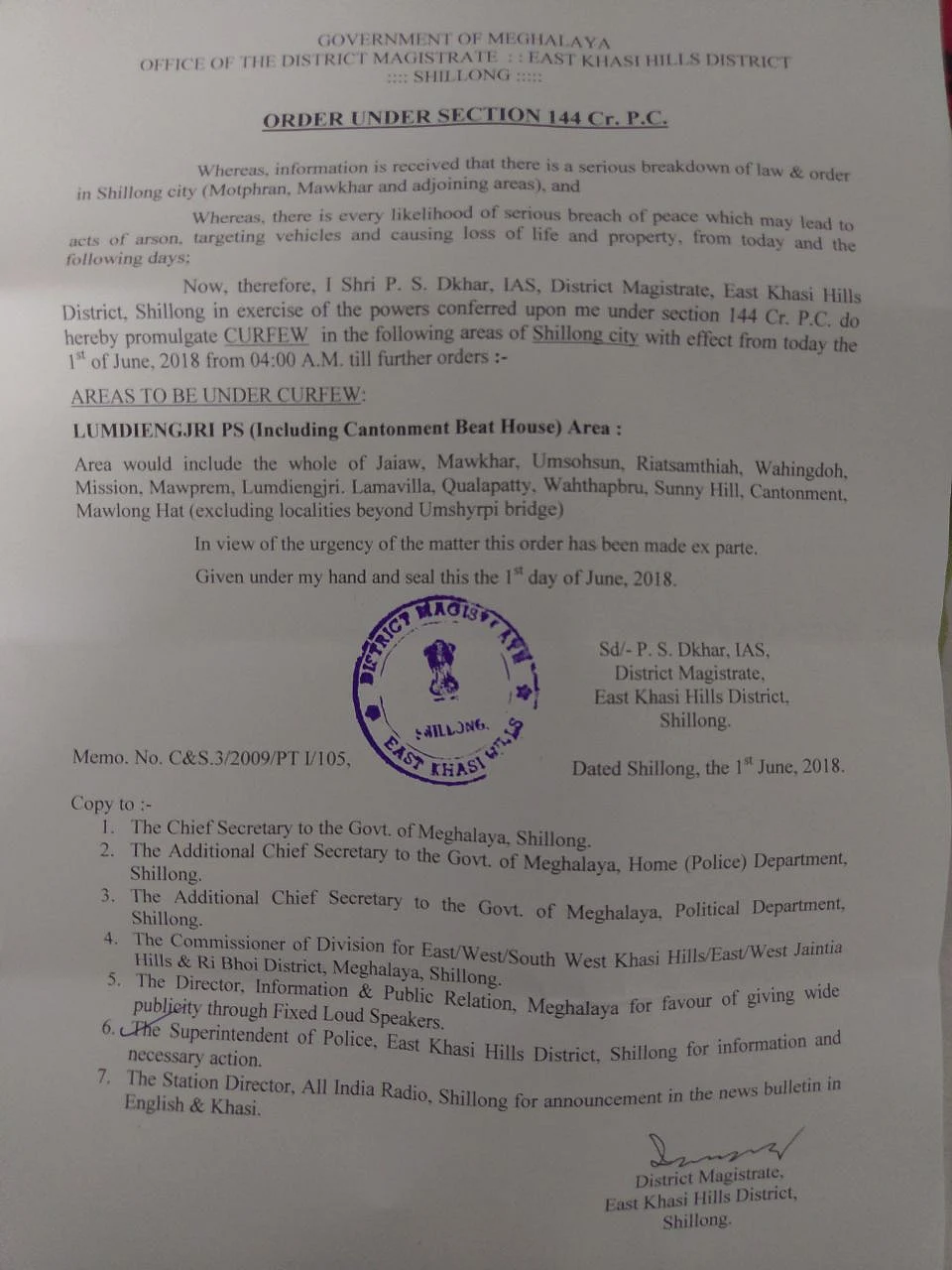 Curfew orders in Shillong
