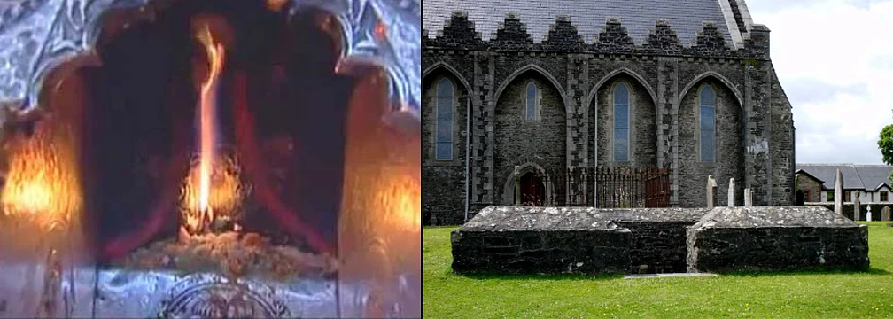 Jwalamukhi temple – the fire: <i>chit-agni</i> of the goddess still burns; the remains of the fire temple of Brighid and the Cathedral behind.