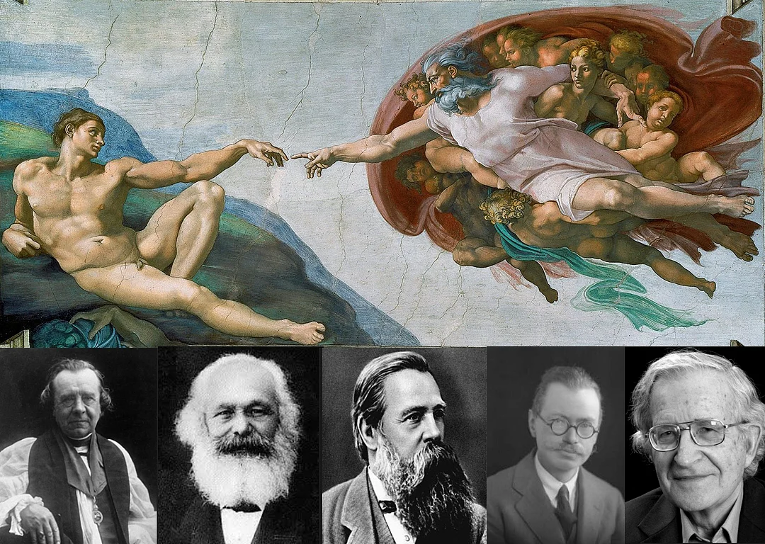 Anti-Darwinians emphasising human uniqueness: Bishop Wilberforce, Karl Marx, Friedrich Engels, archaeologist Gordon Childe and linguist Noam Chomsky. 