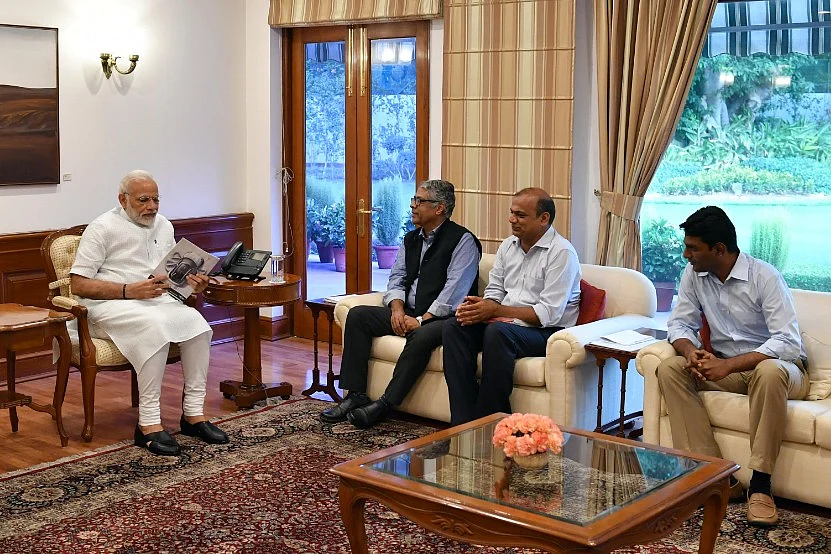 Prime Minister Narendra Modi with Swarajya’s Editorial Director R Jagannathan, CEO Prasanna Viswanathan and Publisher Amar Govindarajan.