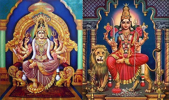 Goddess seated on the lionpthrone and, right, goddess with lion as her throne.