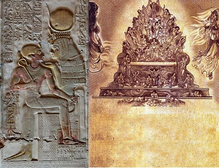 King Seth-I on the throne as the lap of the goddess: note the horned solar disc. In popular Indic tradition the throne of King Vikramaditya had in it celestial maidens who would not allow anyone not as dharmic as Vikramaditya to sit on the throne.
