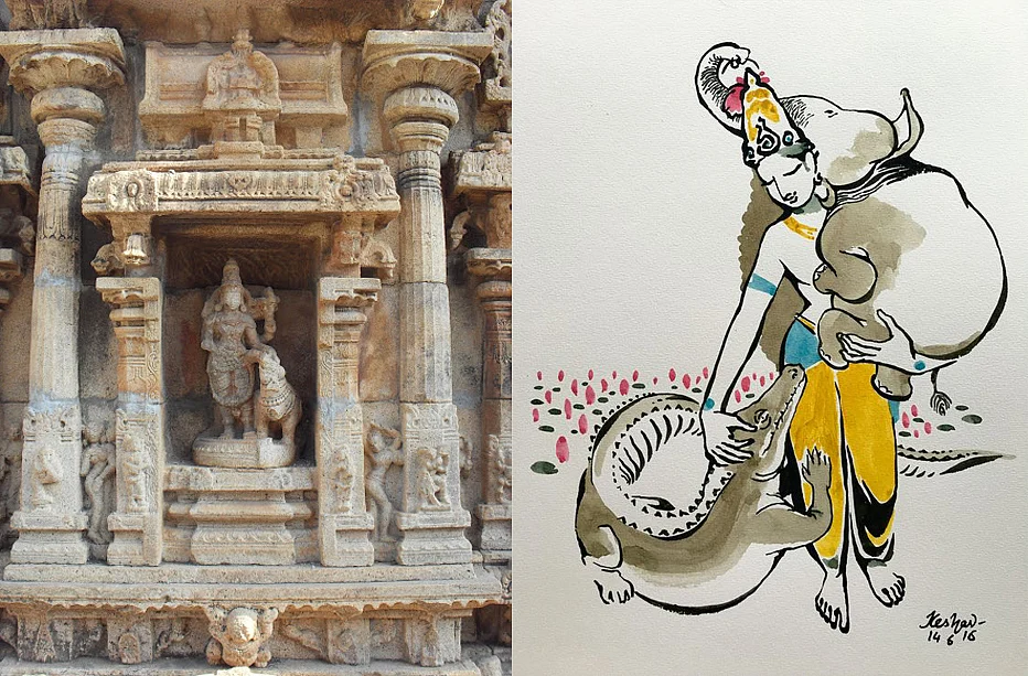 That non-humans also have the right to divine grace and connection is not just belief, but a conviction in Hinduism. Visual at right depicts the story of Gajendra Moksa.