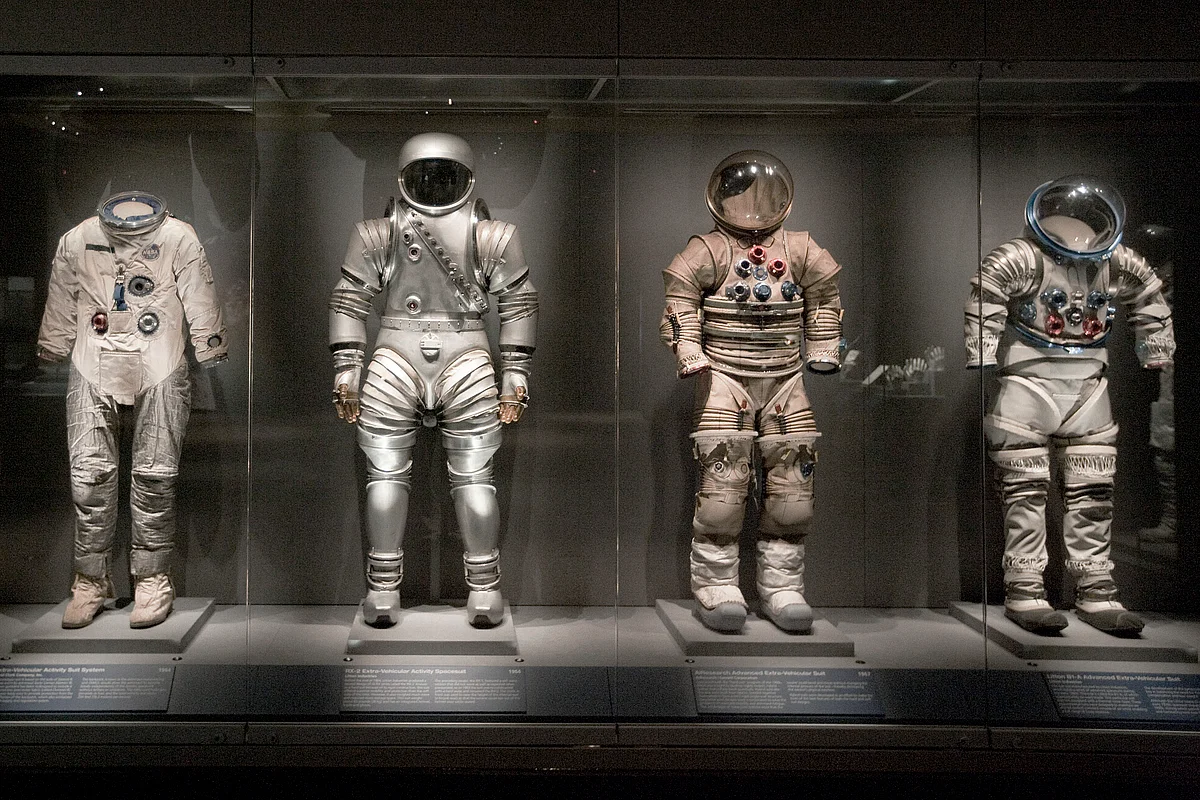 A collection of spacesuits is on display at the Apollo Treasures Gallery at the Kennedy Space Center (Matt Stroshane/Getty Images)