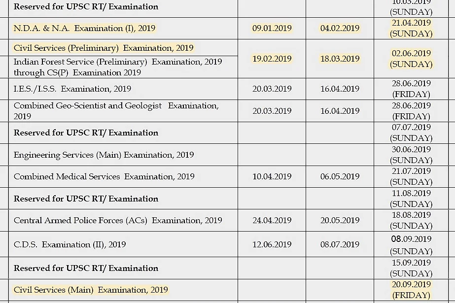 Screenshot of UPSC examination calendar for 2019