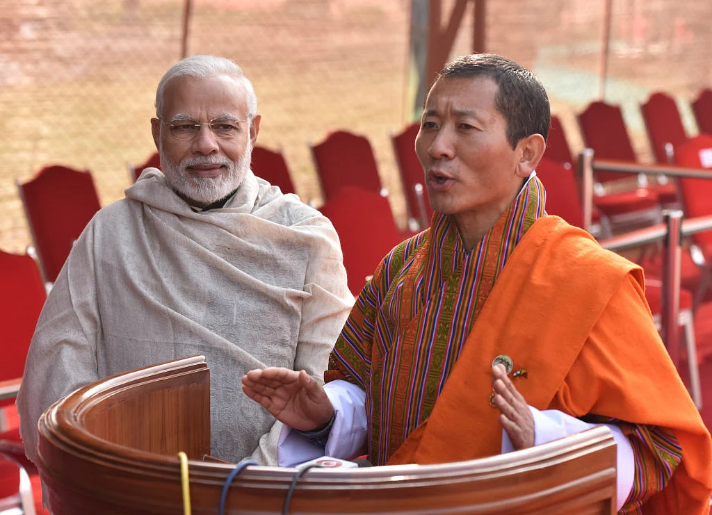 Prime Minister Narendra Modi with Bhutan Prime Minister Lotay Tshering. (Sanjeev Verma/Hindustan Times via Getty Images)