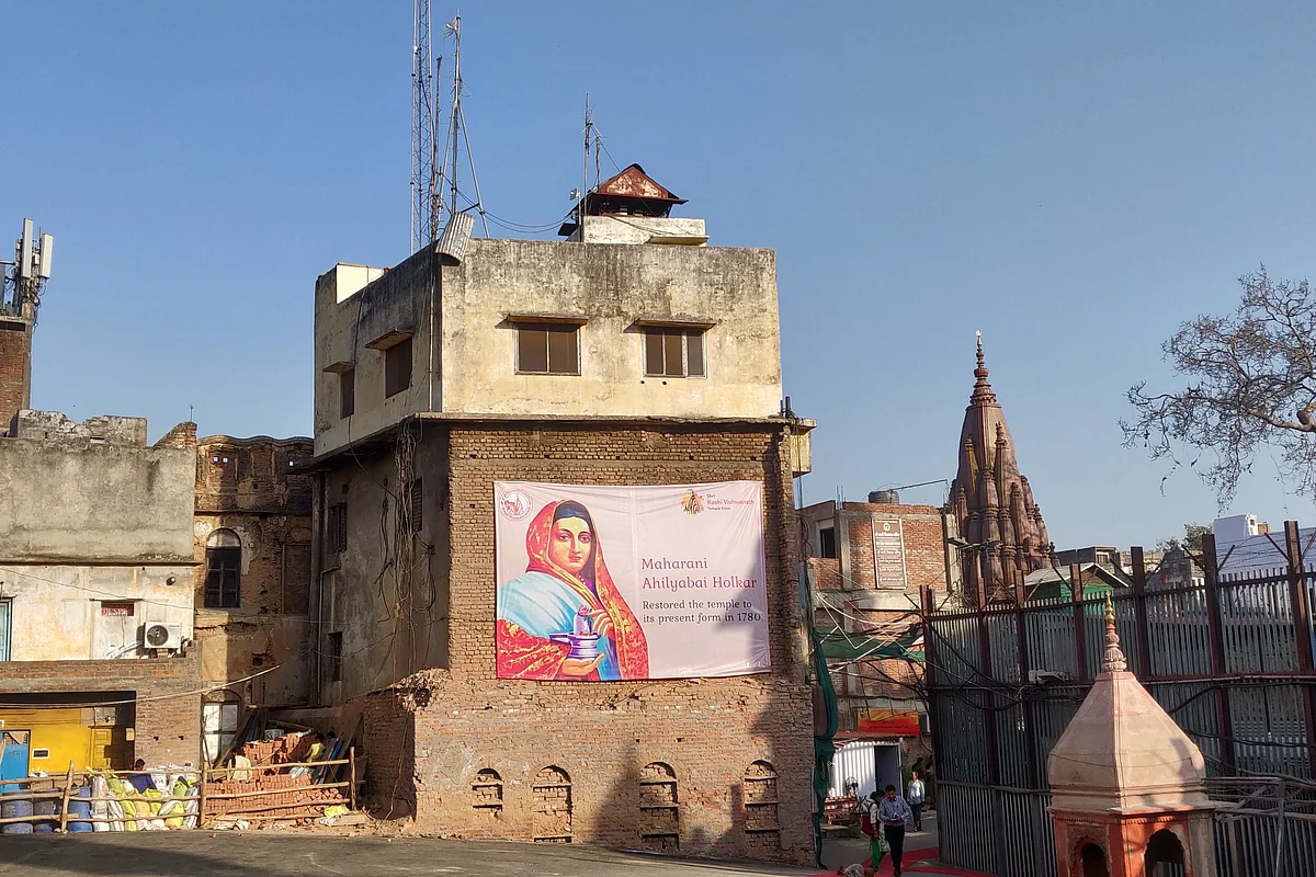 Ahilya Bai Holkar’s poster on a building in the Kashi temple premises. 
