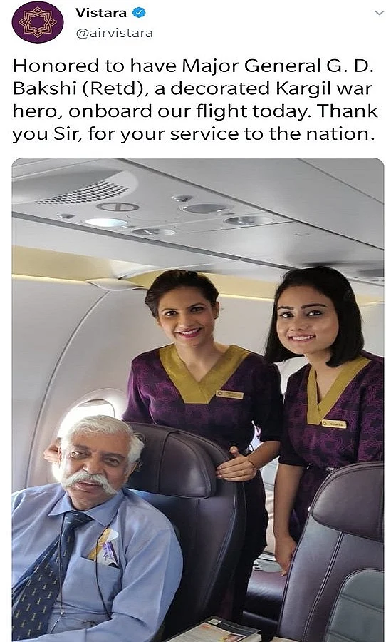 Vistara’s now deleted tweet honouring Major General G D Bakshi