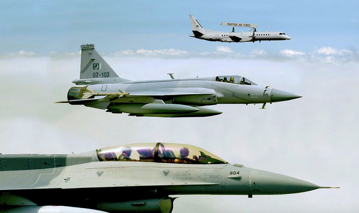 An F-16 of the PAF flying with a JF-17 and a Saab 2000 ERIEYE AEW&C aircraft.