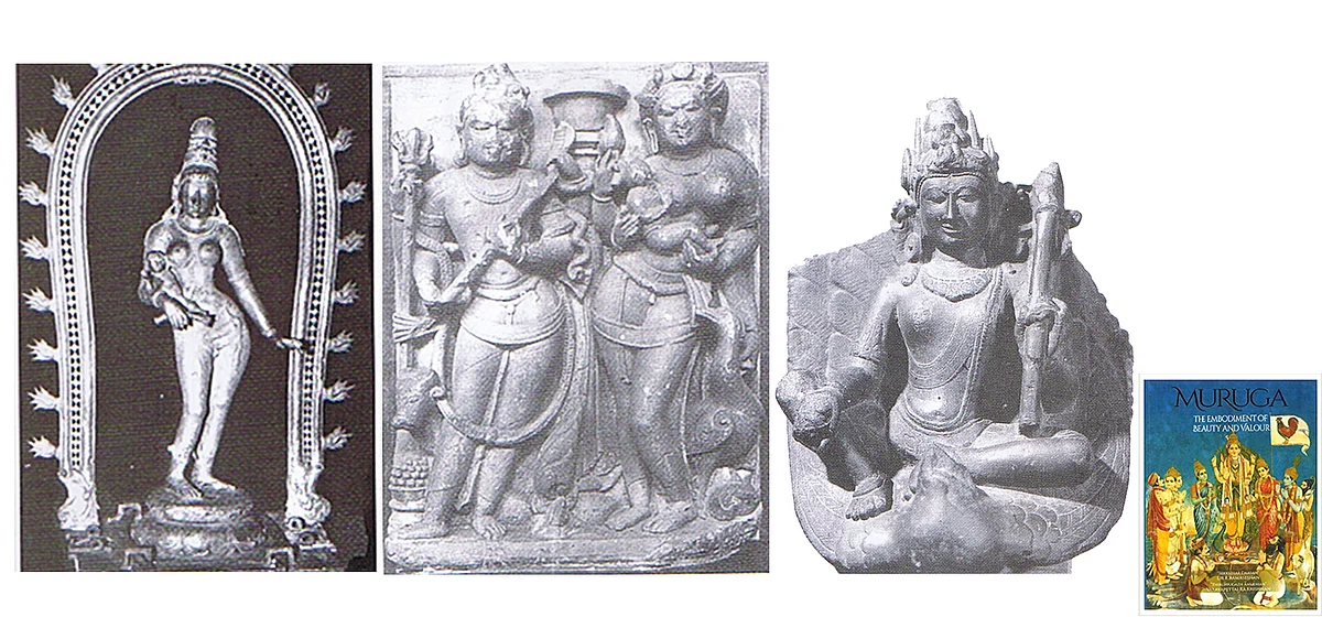 Left: Parvathi with Murugan (Nagapattinam, Tamil Nadu) compared with Parvathi with Kumara (Baroda museum, Gujarat), Right: Skanda in Bangladesh museum 