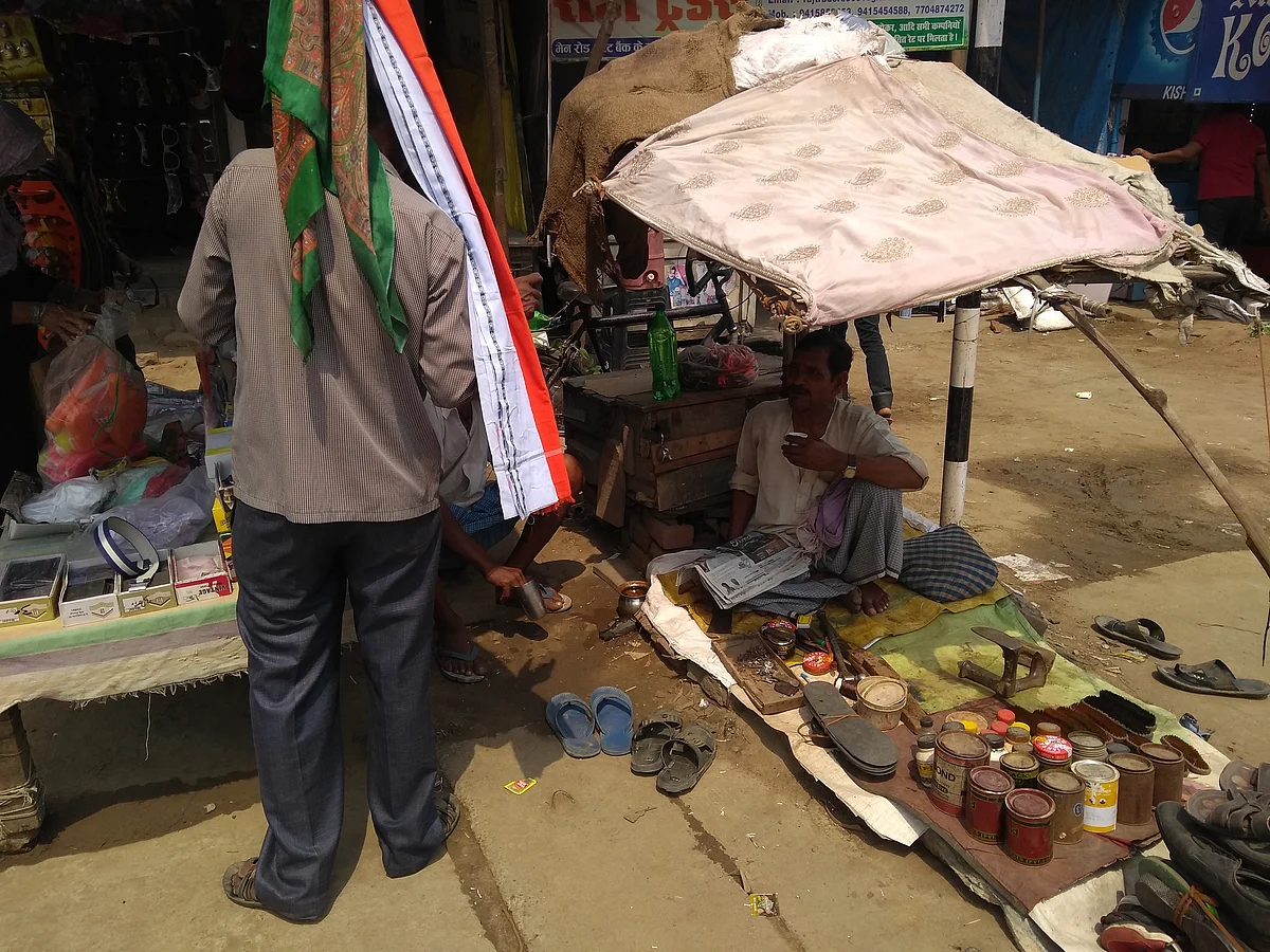Haridwar Agrahari and Ram Kisun at their shops in Peppeganj. (Prakhar Gupta/Swarajya Magazine)