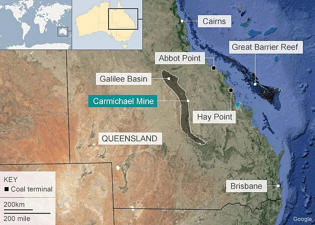Location of the Carmichael Mine, Abbot Point, the Great Barrier Reef. 