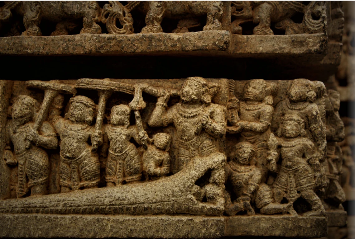 Shri Krishna kills Aghasura, an Asura, in the form of giant serpent swallowing the cowherds.