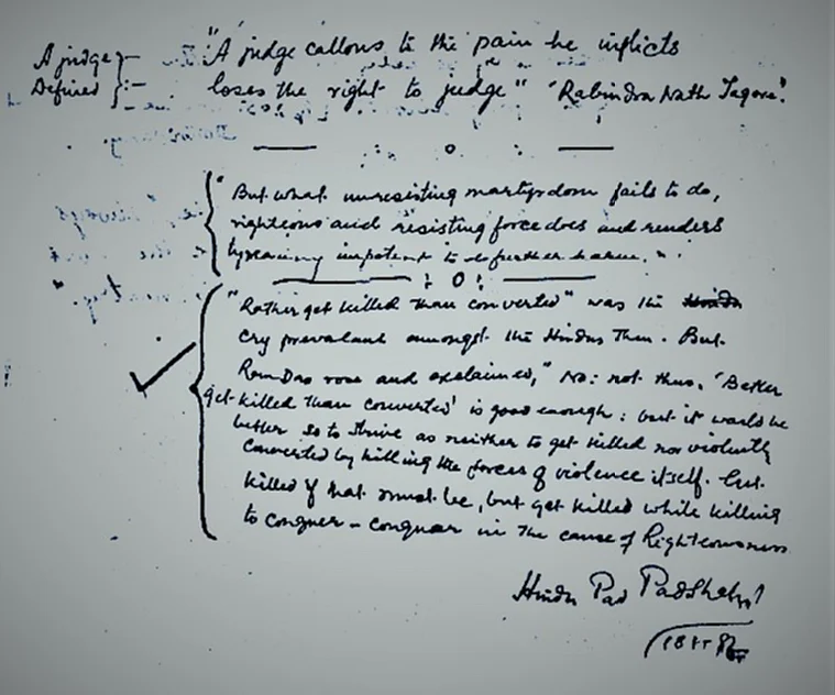 Veer Savarkar’s quote in Bhagat Singh’s handwriting: ‘...<i>but it would be</i> <i>better so to strive as neither to get killed nor violently converted by killing the forces of violence itself...</i>’ 