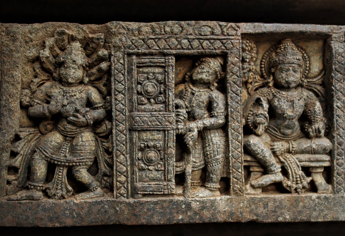 Vasudeva with infant Sri Krishna leaves the prison Kamsa had put him in.