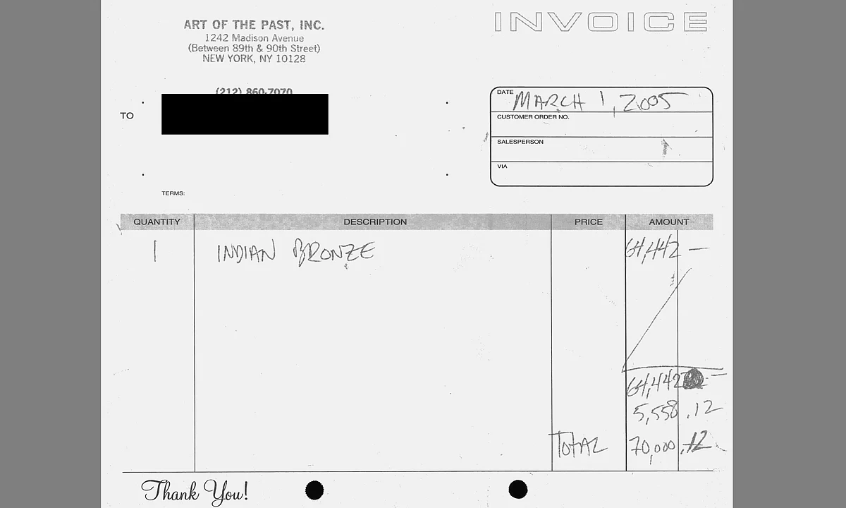Bill showing the sale of the bronze for US$70,000