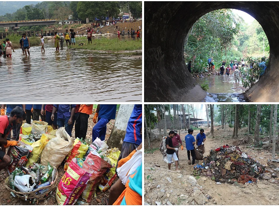 The Kumaradhara river of the Kukke Subrahmanya temple, the richest temple of Karnataka, being cleaned up by volunteers of Yuva Brigade. 
