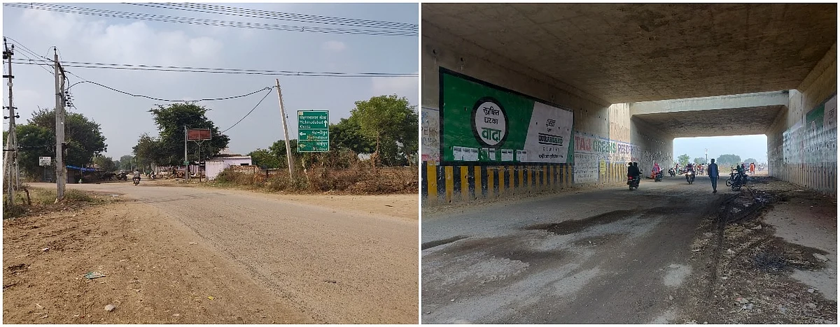 (Left) The entry to Mohammadabad village. (Right) Opposite it is the site of the alleged crime under Yamuna Expressway