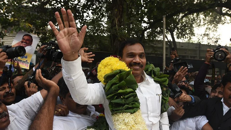 The telecom minister during UPA-2, A Raja, celebrates on being acquitted in the 2G spectrum case in 2017.