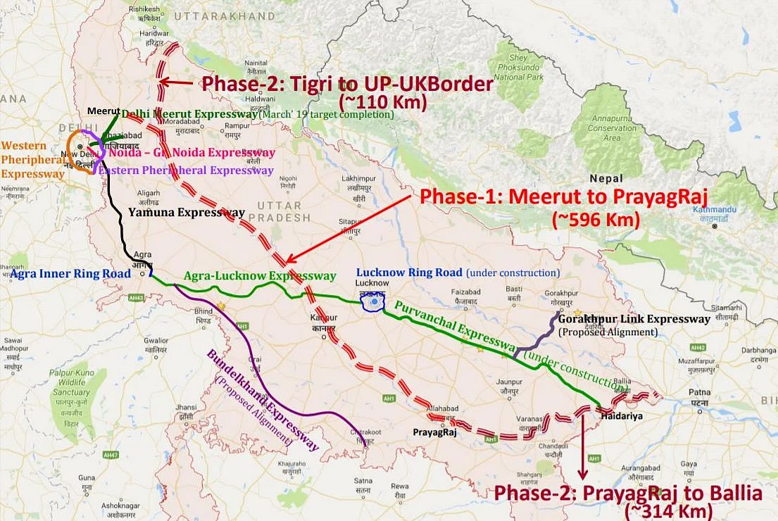 The rough alignment of various expressways, both planned and under-construction, in Uttar Pradesh. (UPEIDA)