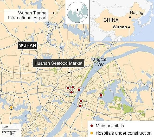 Map of Wuhan city, showing the seafood market and other important landmarks.