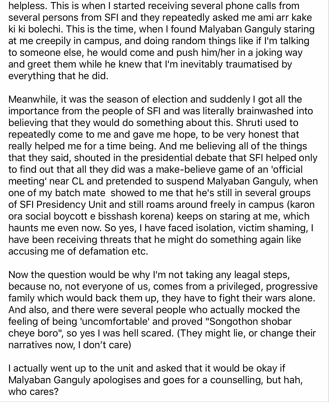 SFI Member Asked Her To ‘Try Sleeping’ With ‘BJP People’ On Campus To Throw Them Out, Reveals Kolkata Student In Facebook Post