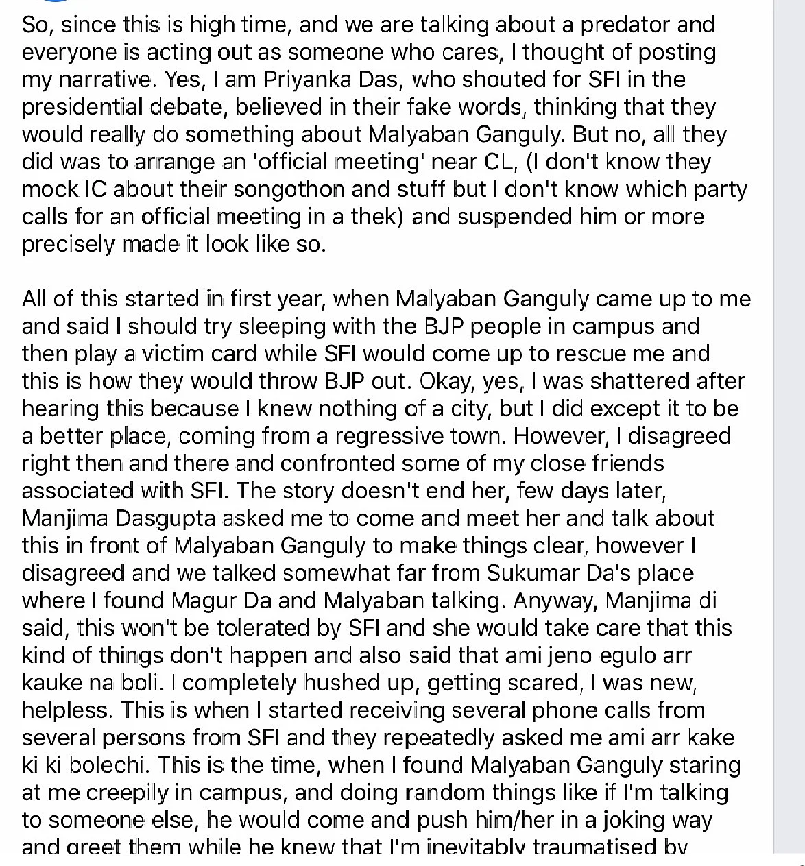 SFI Member Asked Her To ‘Try Sleeping’ With ‘BJP People’ On Campus To Throw Them Out, Reveals Kolkata Student In Facebook Post
