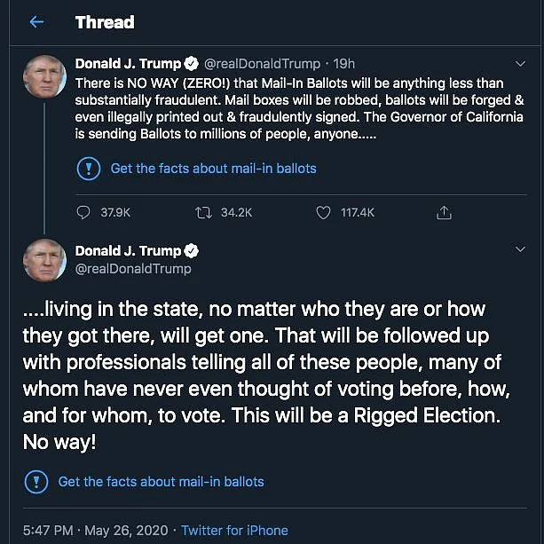 Screenshot of Trump’s flagged tweet thread