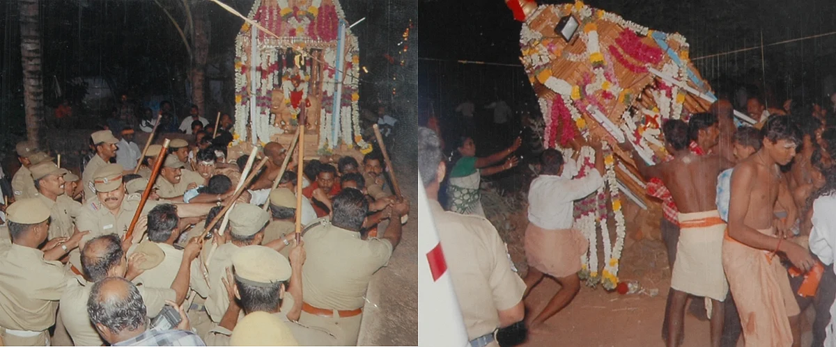 Kanyakumari district-2007: Police attacks unarmed Hindus carrying the Goddess, and toppling the Goddess. Even women were not spared. A Hindu woman died in police lathi charge.