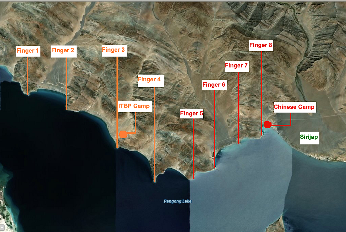  Position of ‘fingers’ may not be very accurate; have been marked using the <a href="https://twitter.com/nitingokhale/status/1267989833819054081/photo/1">map put out by @stratnewsglobal</a> in its interview of&nbsp; Col S Dinny (Retd), a former commander of the forces in the Pangong Tso area. Lt Gen HS Panag (Retd) also <a href="https://twitter.com/rwac48/status/1267417097807654912">posted</a> a similar map on Twitter. For the record, <a href="https://theprint.in/opinion/no-chinese-occupation-geolocated-images-show-fast-in-and-out-intrusions/433209/">other maps</a> show the location of some fingers west of the Sirijap Complex, which has not been marked in the map.