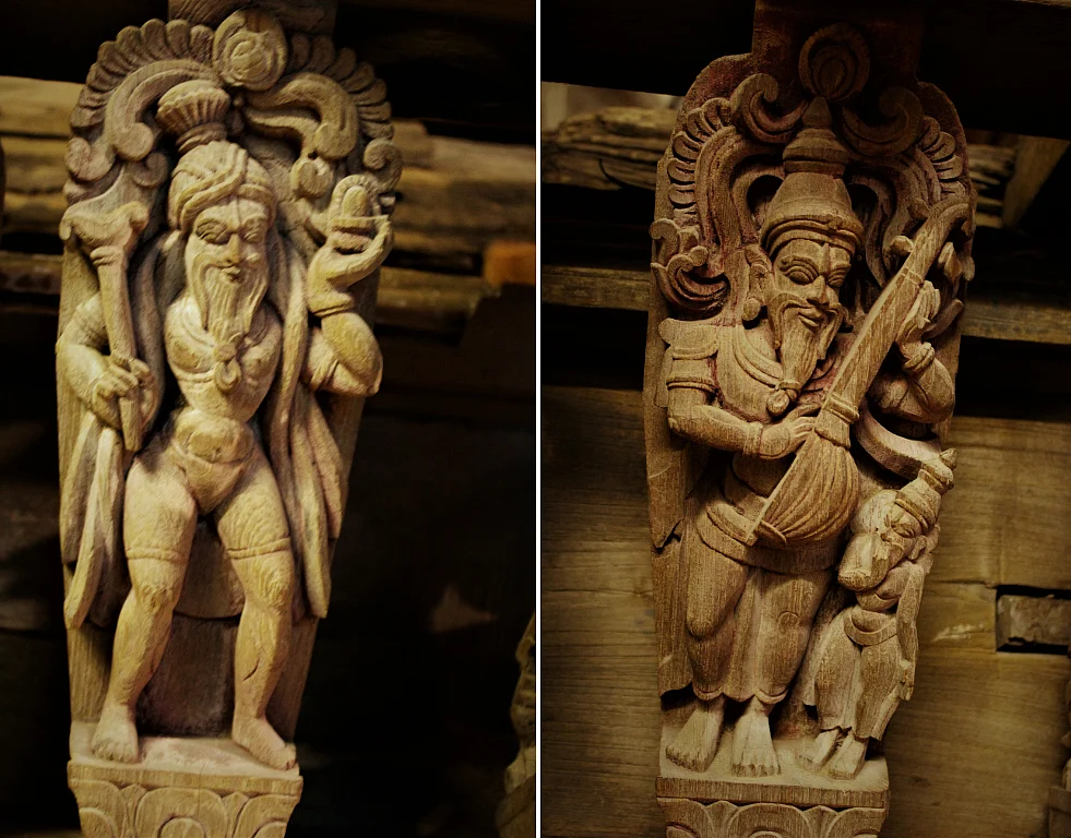 Beautifully called wooden sculptures: a sage with Sivalinga and Narada. (19th century)