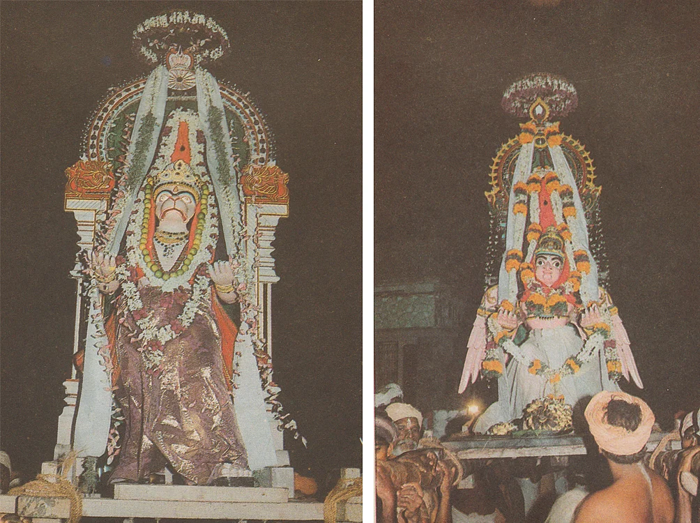 Festival Vahanas of Vaikundar: Hanuman as Vahana (left) and Garuda as Vahana (right)
