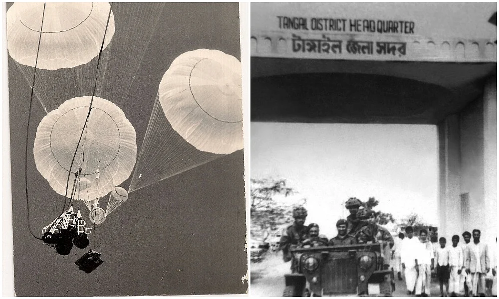 Tangail Airdrop (left) and Indian troops at Tangail District Headquarter (right). 