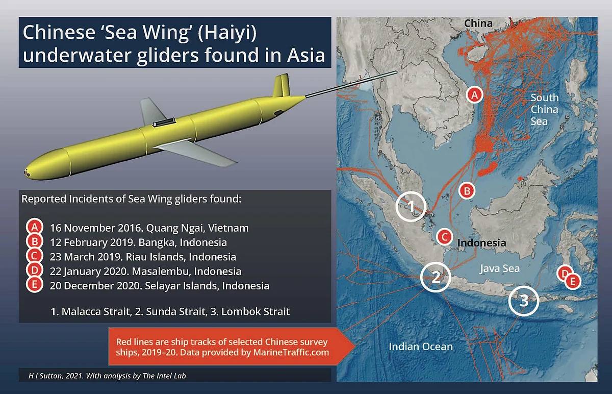 Location of Chinese underwater drones when discovered in Indonesian waters. (HI Sutton/Twitter)