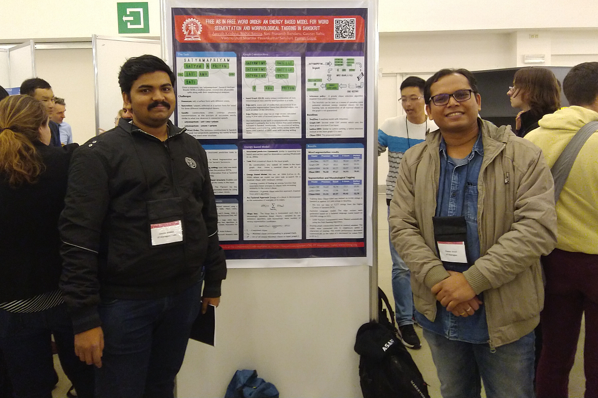 Dr Amrith Krishna (left) and Dr Pawan Goyal presenting their work at EMNLP 2018 (Brussels).