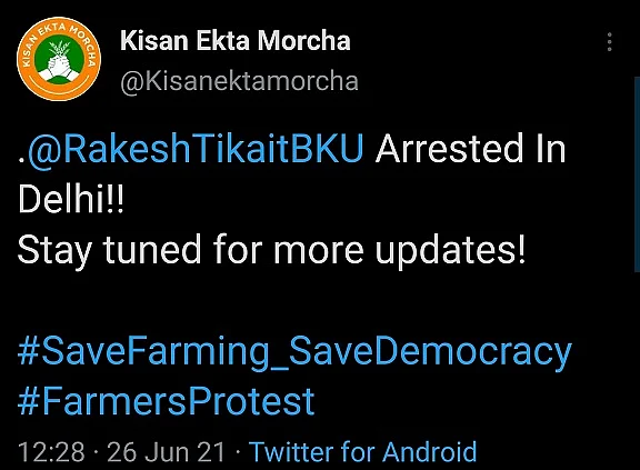 Claims Of Farmer Leader Rakesh Tikait's Arrest Is Fake News, Clarifies Delhi Police