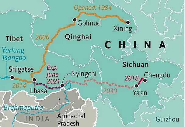 Map of the existing and under construction rail network in Tibet.