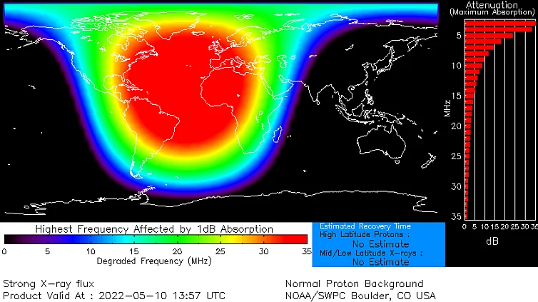 Blackout map because of solar emission on 10-May-2022