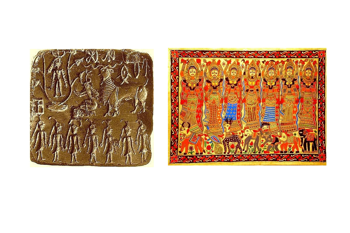 Sapta Matrikas in Harappan seal and Tribal painting.