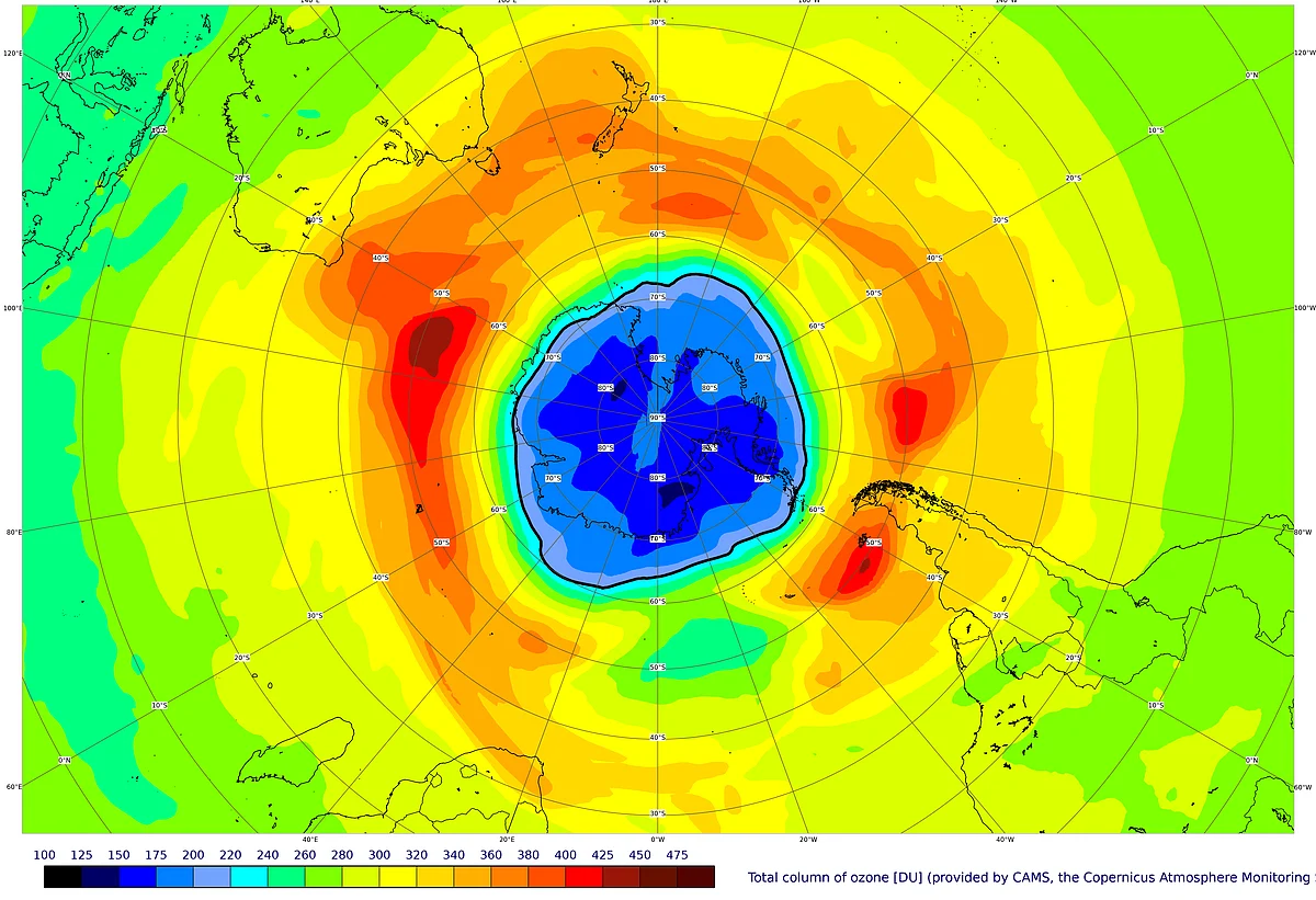The ozone hole over Antarctica in 2021 (Image: Copernicus Atmosphere Monitoring Service/ECMWF)