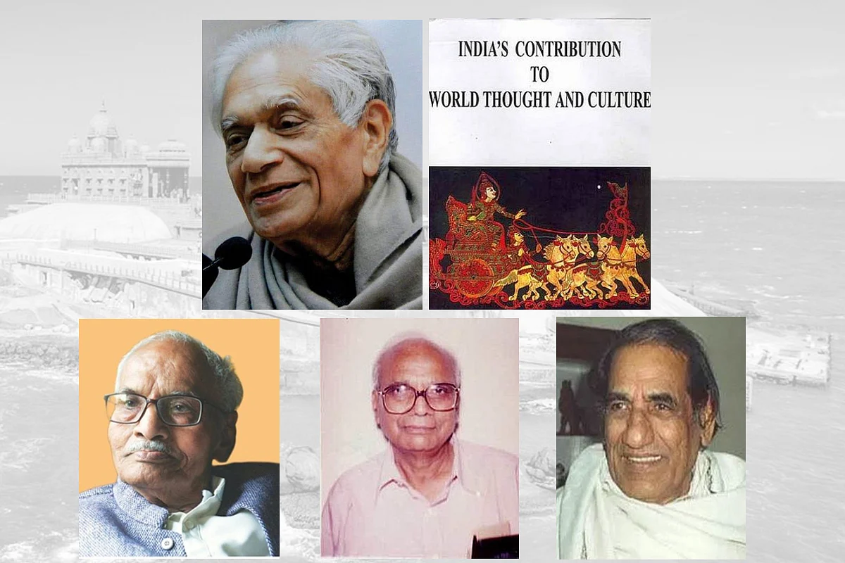 Editors: Prof. Lokesh Chandra (top), (Left to right) Historian Devendra Swarup, Archaeologist S P Gupta and author-historian Sitaram Goel