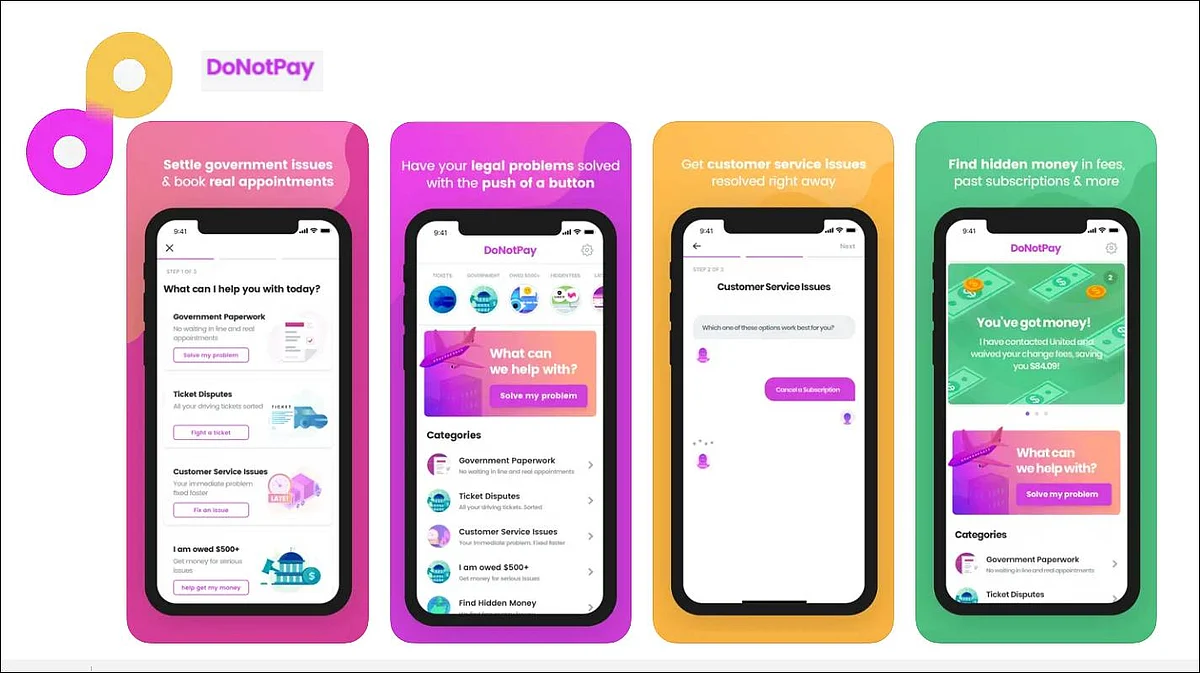Screenshots from DoNotPay app which fuels the world’s first robot lawyer.