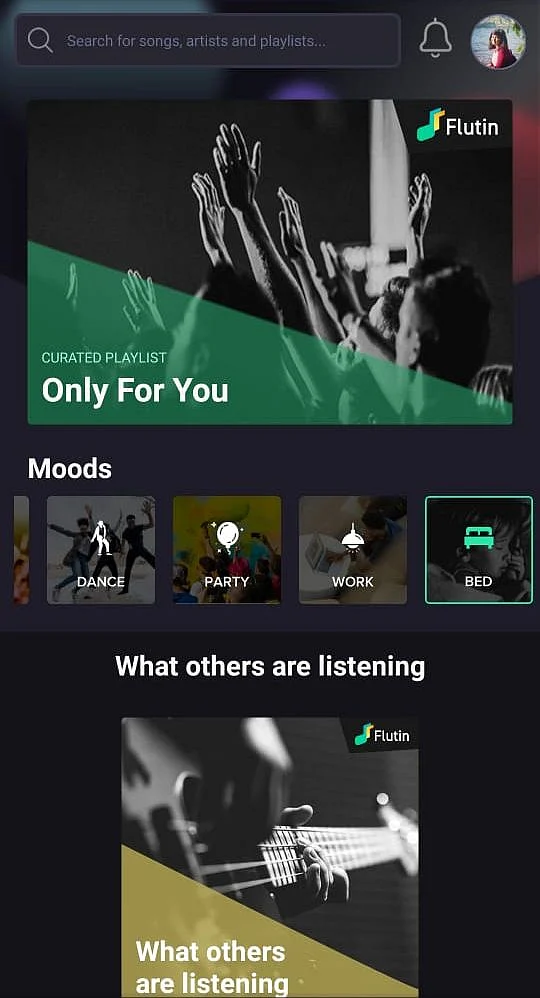Flutin greets you with a curated playlist on the top of the page.
